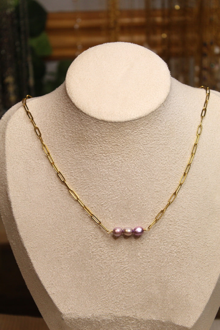 Gold Plated Triple Pearl Chain Necklace