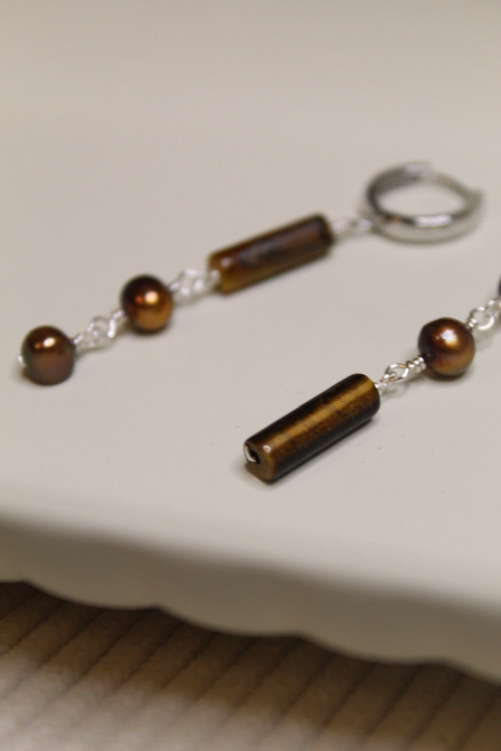 Stainless Steel Asymmetrical Gemstone & Pearl Dangle Earrings