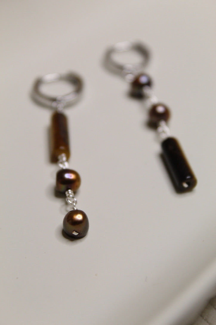 Stainless Steel Asymmetrical Gemstone & Pearl Dangle Earrings