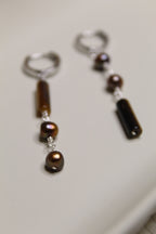 Stainless Steel Asymmetrical Gemstone & Pearl Dangle Earrings