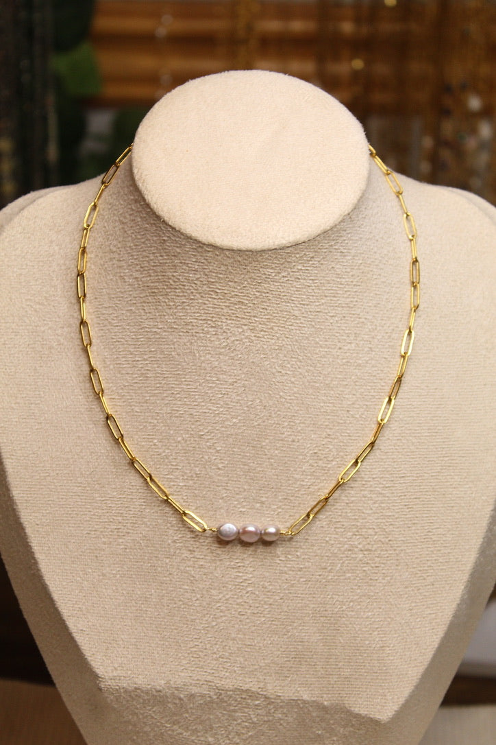 Gold Plated Triple Pearl Chain Necklace