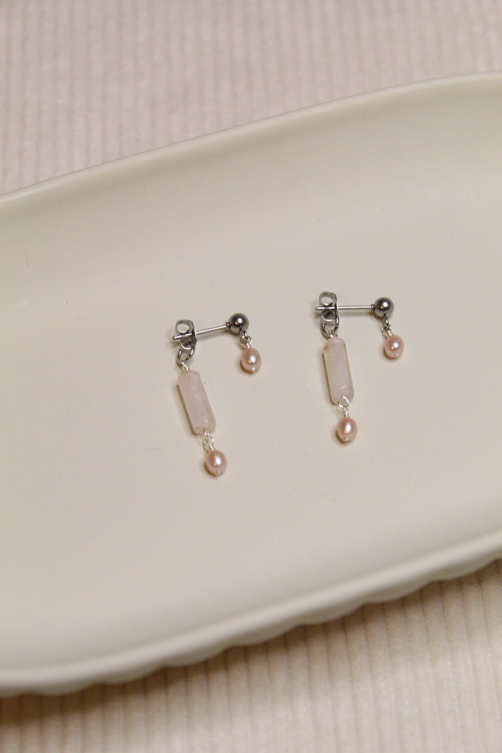 Stainless Steel Two Sided Gemstone & Pearl Stud Earrings
