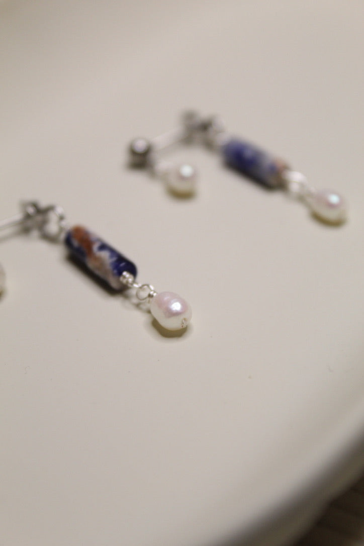 Stainless Steel Two Sided Gemstone & Pearl Stud Earrings