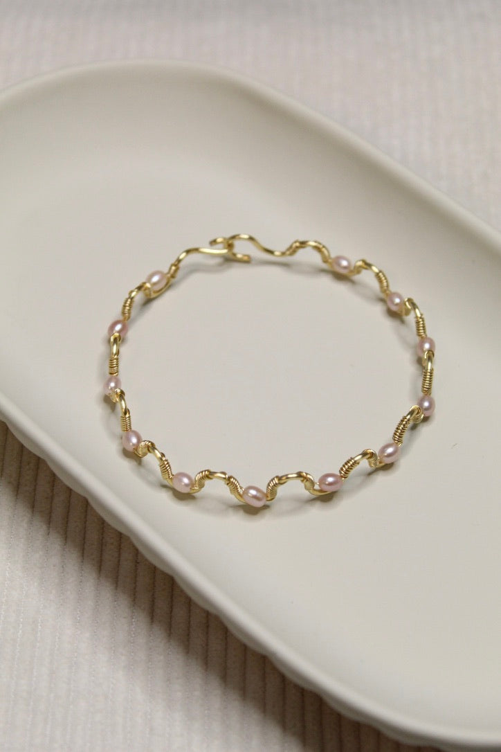 Gold/Silver Plated Pearl Wavy Bangle Bracelet