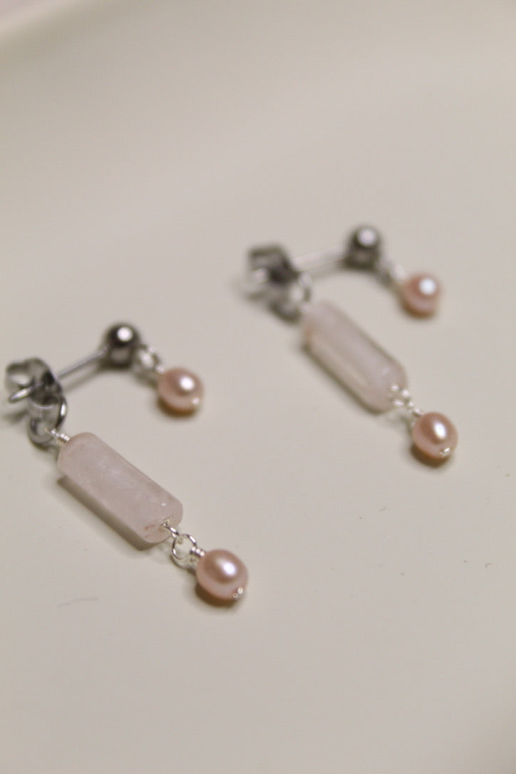 Stainless Steel Two Sided Gemstone & Pearl Stud Earrings