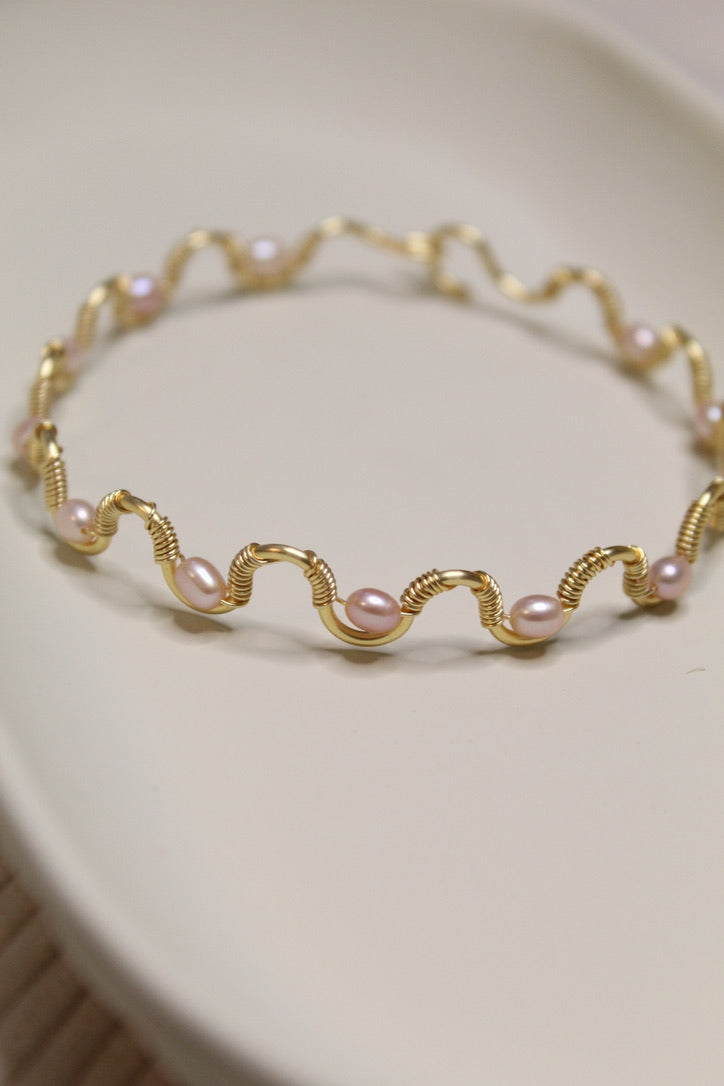 Gold/Silver Plated Pearl Wavy Bangle Bracelet