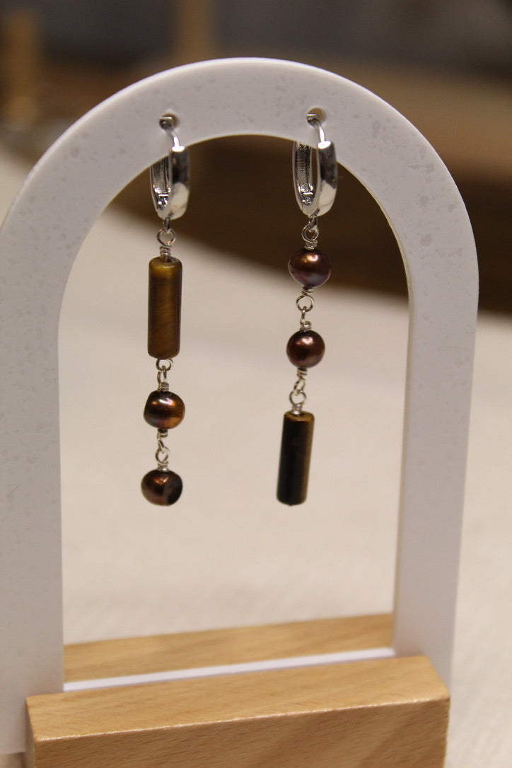 Stainless Steel Asymmetrical Gemstone & Pearl Dangle Earrings