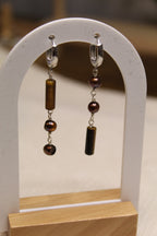 Stainless Steel Asymmetrical Gemstone & Pearl Dangle Earrings