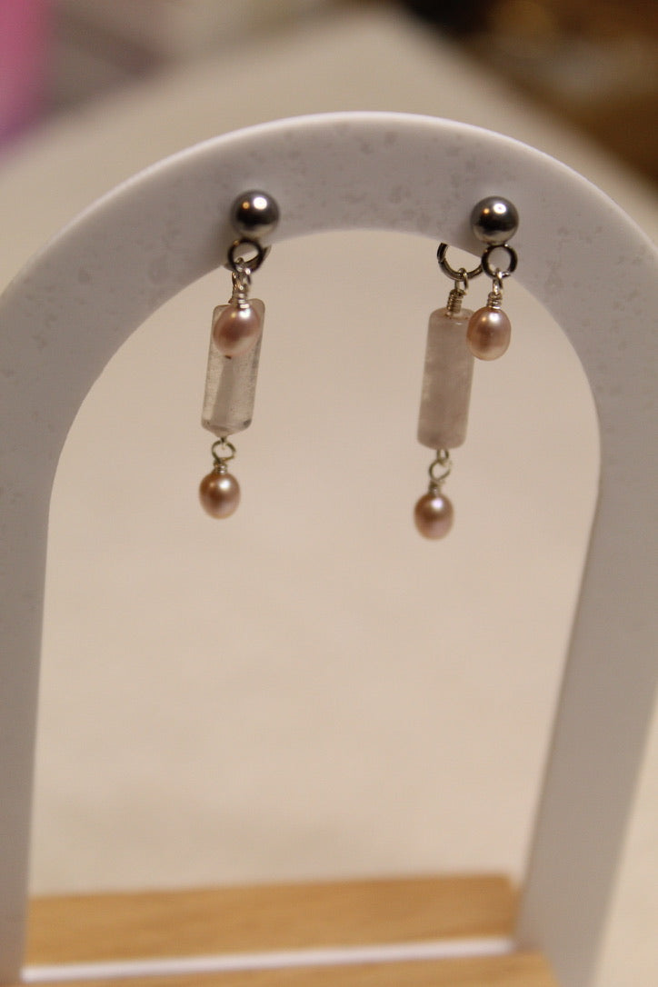 Stainless Steel Two Sided Gemstone & Pearl Stud Earrings