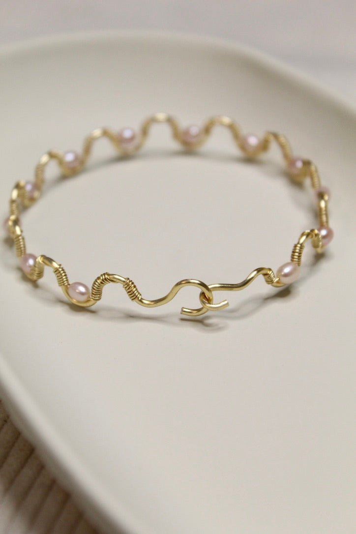 Gold/Silver Plated Pearl Wavy Bangle Bracelet