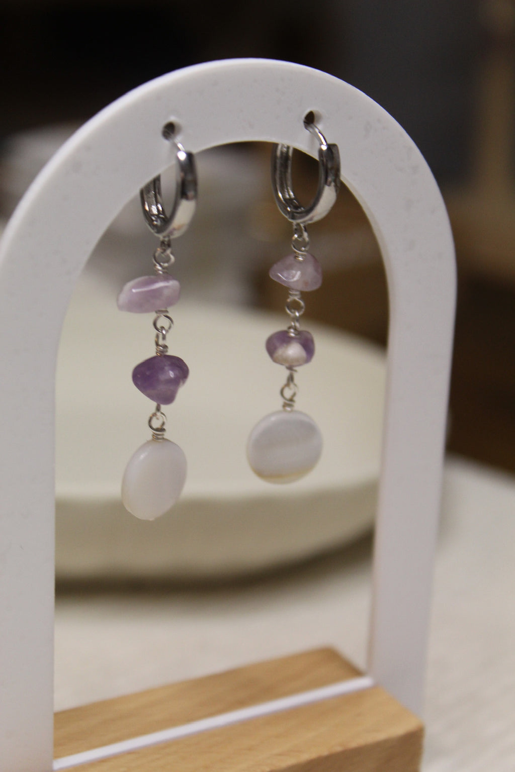 Stainless Steel Gemstone & Shell Disc Earrings