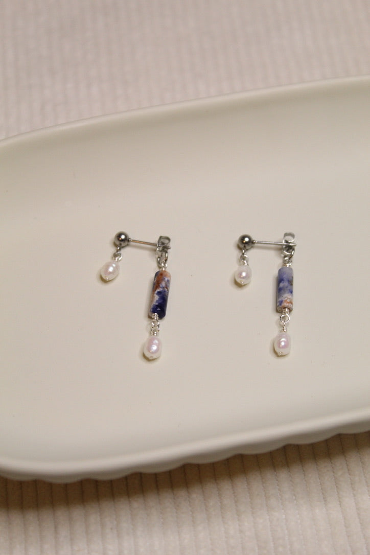 Stainless Steel Two Sided Gemstone & Pearl Stud Earrings