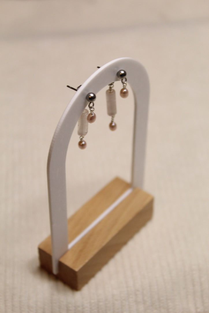 Stainless Steel Two Sided Gemstone & Pearl Stud Earrings