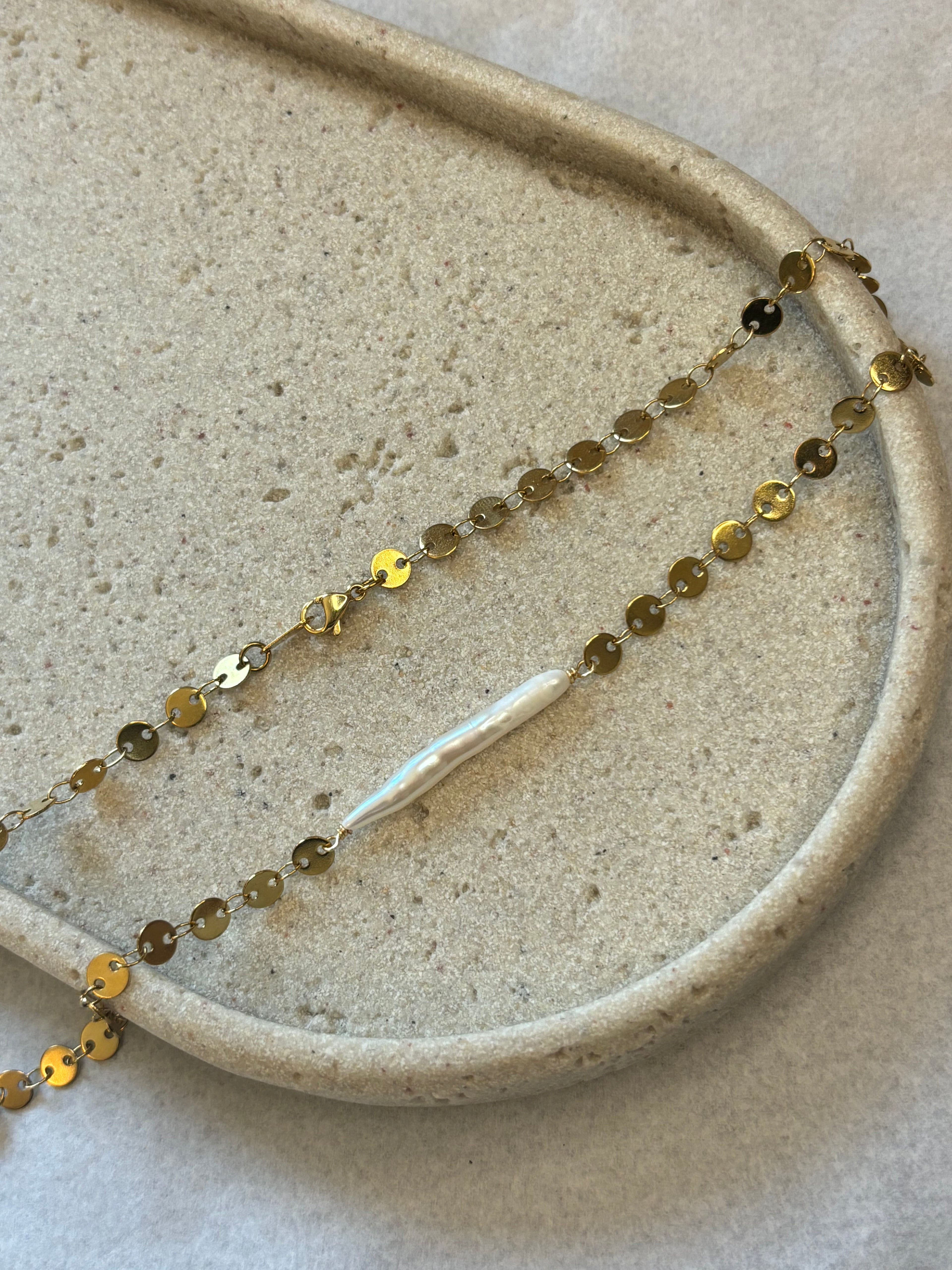 Gold-Plated Freshwater Needle Pearl Sequin Chain Necklace