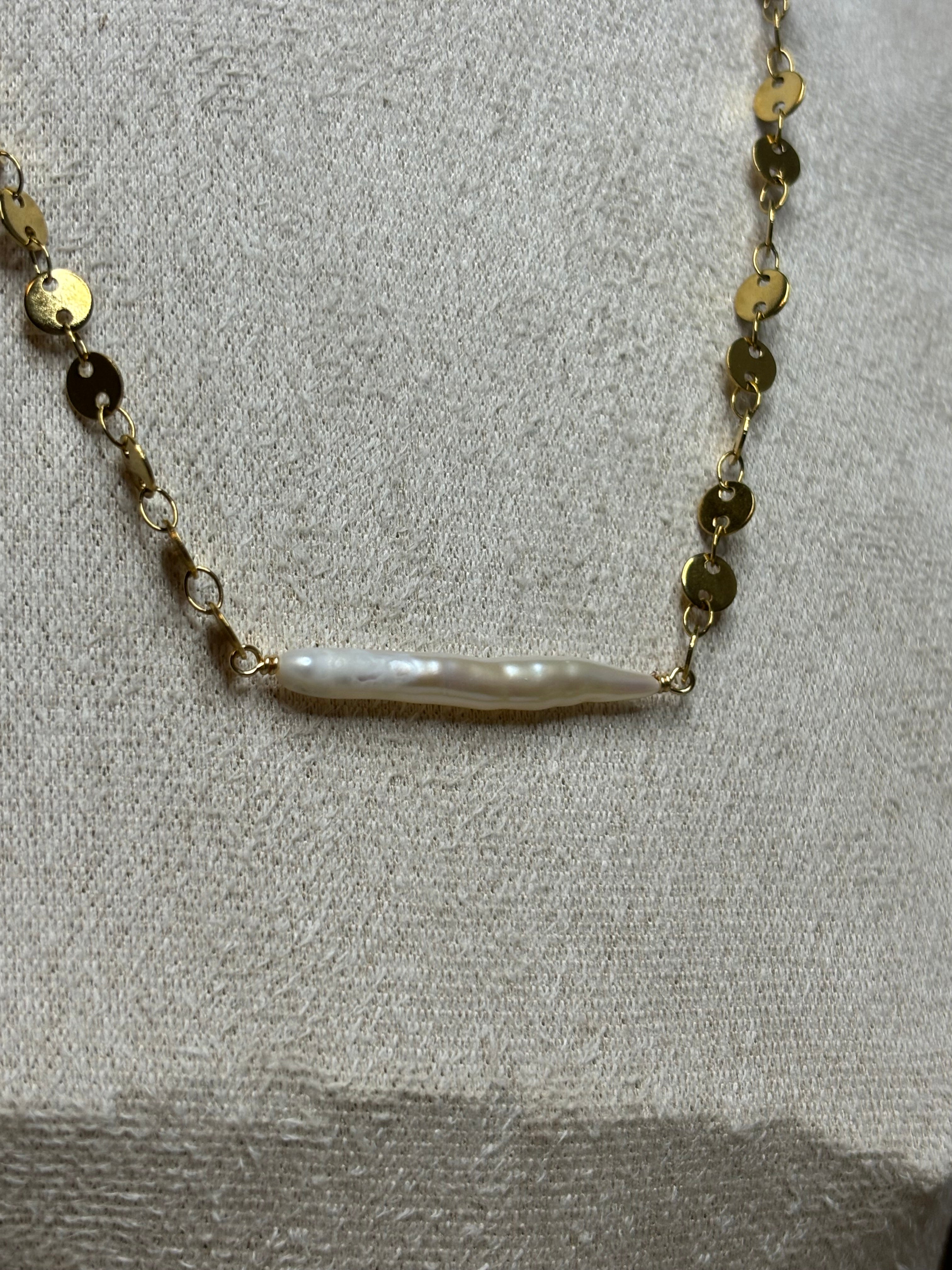 Gold-Plated Freshwater Needle Pearl Sequin Chain Necklace